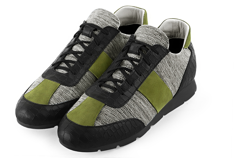 Satin black, ash grey and pistachio green three-tone dress sneakers for men. Round toe. Flat rubber soles. Front view - Florence KOOIJMAN